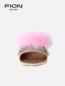 FION X Little Monster Leather Backpack Daily Bag Fashion Compact Shoulder Bag Cute Decor With Furry Hair And Feet,Pink