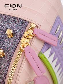 FION X Little Monster Leather Backpack Daily Bag Fashion Compact Shoulder Bag Cute Decor With Furry Hair And Feet,Pink