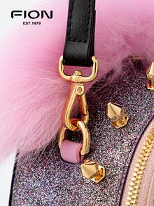 FION X Little Monster Leather Backpack Daily Bag Fashion Compact Shoulder Bag Cute Decor With Furry Hair And Feet,Pink