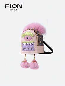FION X Little Monster Leather Backpack Daily Bag Fashion Compact Shoulder Bag Cute Decor With Furry Hair And Feet,Pink