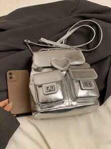 New Style Versatile Chain Strap Backpack With Heart-Shaped Design For Women, Perfect For Travel And Outing - Silver - View 4