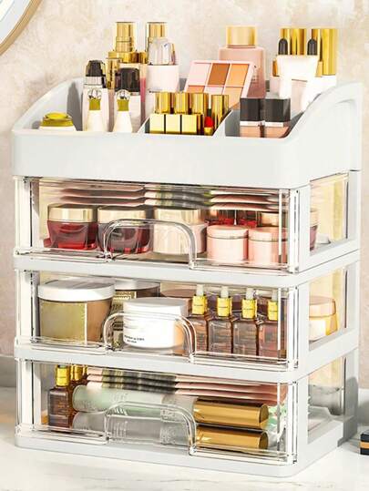 1pc Luxury Transparent Plastic Makeup Organizer Box, Holds Skincare, Makeup Brushes, Foundations, Lipsticks And More, Dust-Proof Storage Solution,For Holiday Beach, Bathroom Collection, Bedroom Collection, Large Capacity