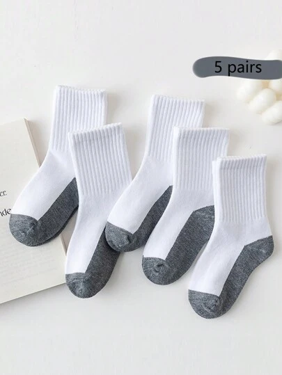 5 双儿童/学生撞色中筒袜，弹力运动袜，黑色、白色、灰色，适合所有季节，适合男孩