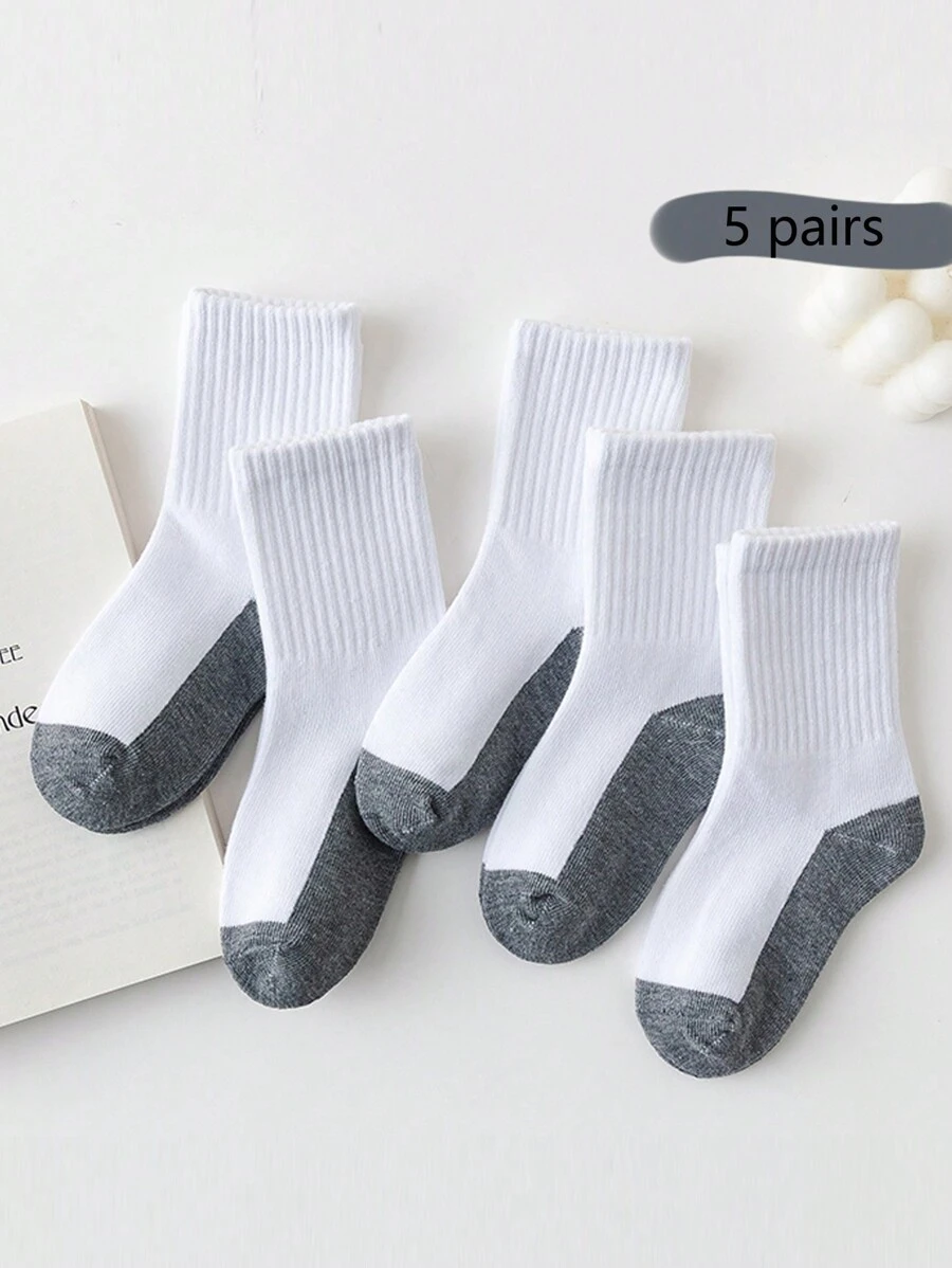 5pairs Kids/Student Contrast Color Crew Socks, Elastic Sports Socks In Black, White, Gray For All Seasons, For Boys - Multicolor - View 1