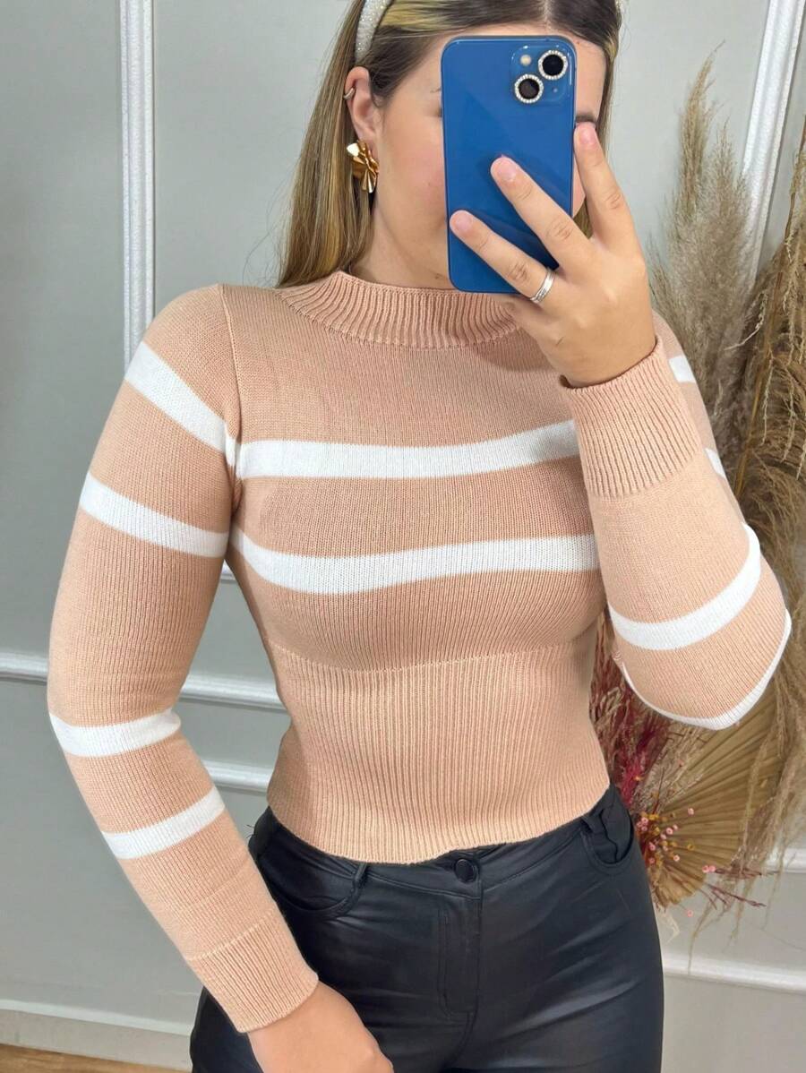 Feminina De Frio Modal Stripe Winter Blouse Cropped Blouse Blogger Long Sleeve - 米色 - 查看 1