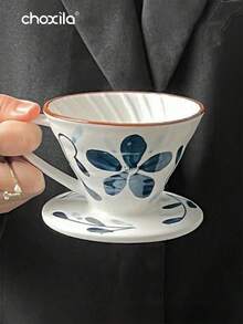 choxila 1 pieza Filtro de café de cerámica reutilizable, taza de filtro con estampado de porcelana azul y blanca, cafetera de goteo V60, para 1-4 tazas, suministros escolares - Azul - Ver 2