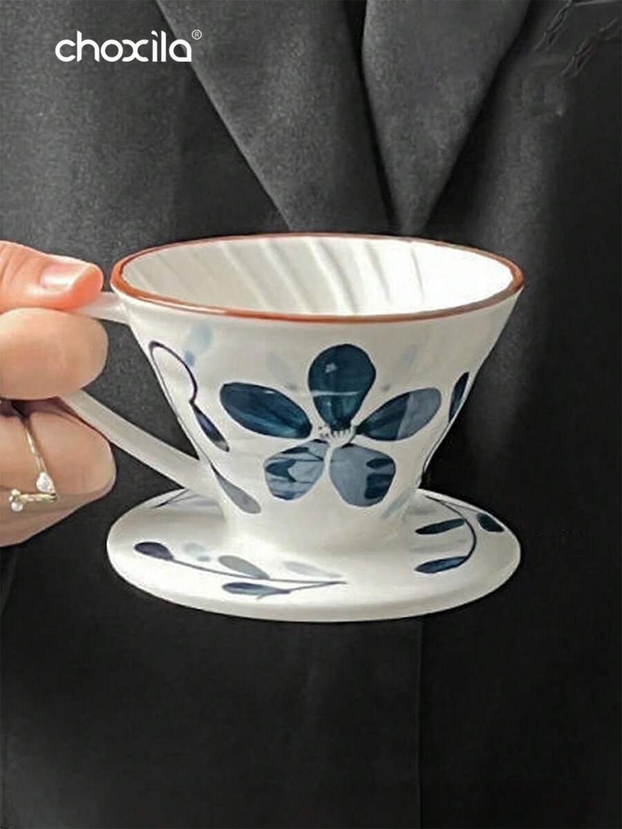 choxila 1 pieza Filtro de café de cerámica reutilizable, taza de filtro con estampado de porcelana azul y blanca, cafetera de goteo V60, para 1-4 tazas, suministros escolares