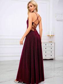 Đầm xòe cổ chữ V, eo cao, hở lưng, buộc dây, thích hợp cho nữ dự tiệc mùa hè thanh lịch - Màu đỏ tím - Xem 3