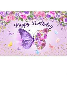 1 pieza Tela de fondo de estudio con mariposa de dibujos animados, puntos dorados, flores para fiesta de cumpleaños de bebé - Multicolor - Ver 8