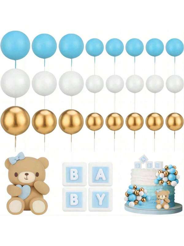 29PCS Or 1PC Blue Bear Birthday Cake Topper, White Ballblue Ball Gold Ball Cake Toppers, Blue Letter Square Three-Dimensional Decoration, Cute Bear Cake Topper , Ins Style Cute And Sweet Style, Suitable For Theme Parties, Shower Party, Birthday Parties (Blue)