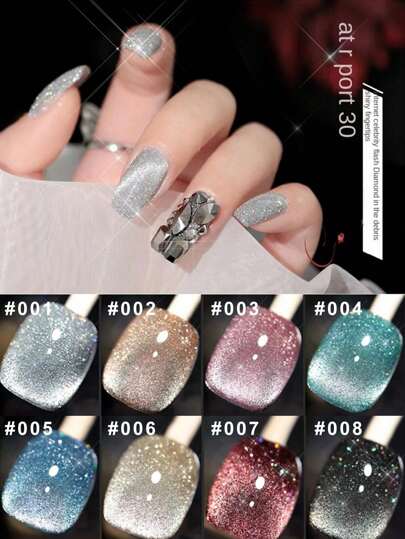 XEIJAYI 8Pcs 10ML Holographic Reflective Nail Gel, With Cat Eye Effect, Semi-Permanent Magnet & Rhinestone Decor, Suitable For Personal & Salon Use Nail Art Manicure Diy Salon Women Gift Nails