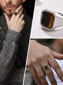 1pc Men's Tiger Eye Stone Ring - Brown - View 2
