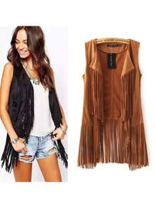 Mujeres Chaqueta vaquera con flecos Chaqueta vaquera sin botones de longitud media - Caqui - Ver 1