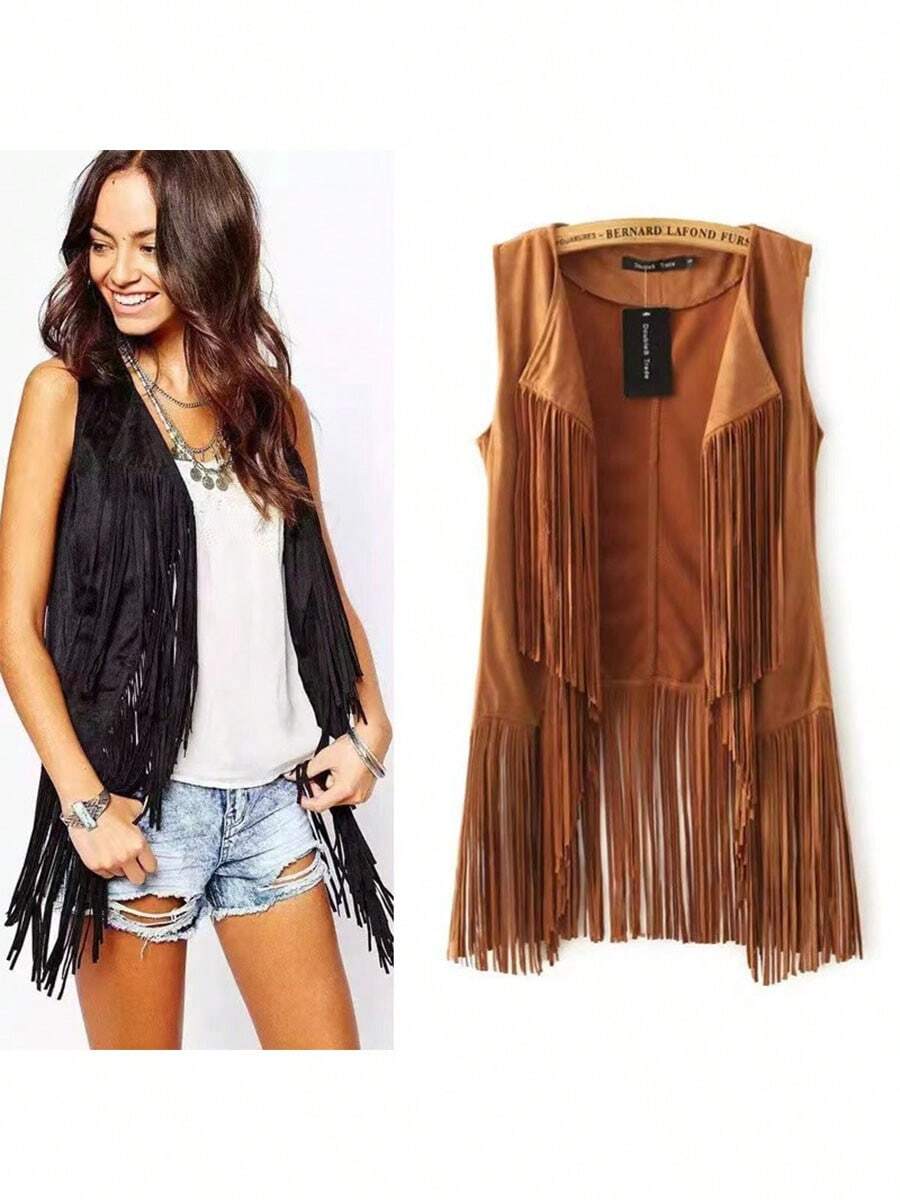 Mujeres Chaqueta vaquera con flecos Chaqueta vaquera sin botones de longitud media - Caqui - Ver 1