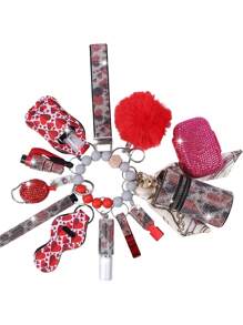 13-Pcs Women's Rhinestone Self-Defense Keychain Set - Bracelet Keychain With Storage Bag, Pom Pom Card Holder, Stylish And Durable Design For Self-Protection