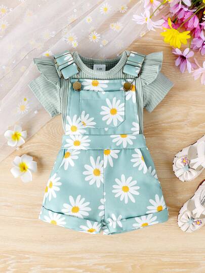 2入組寶貝女孩可愛短袖連體褲套裝，輕盈風格，適用於夏季