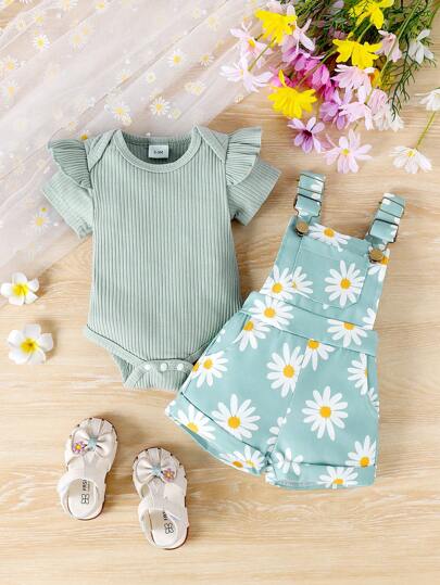 2pcs Baby Girls' Cute Short Sleeve Romper And Overalls Set, Lightweight Style, Summer