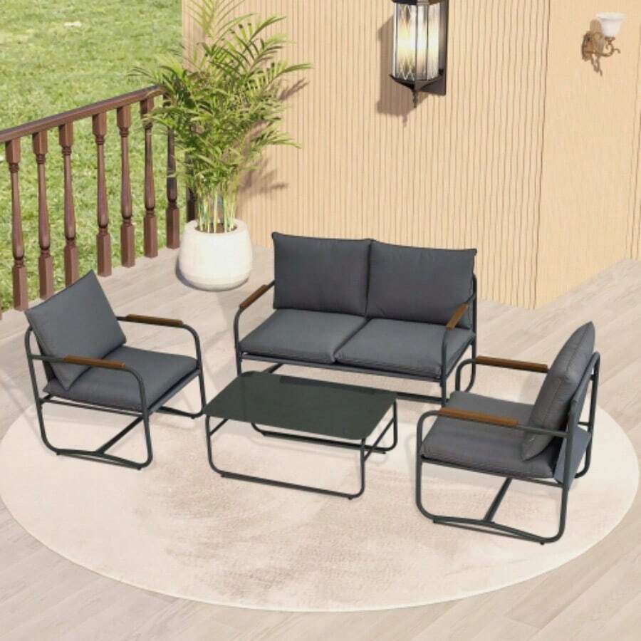 4-Piece Outdoor Patio Furniture Sets, Patio Conversation Set With Removable Seating Cushion, Courtyard Patio Set For Home, Yard, Poolside (Grey-)