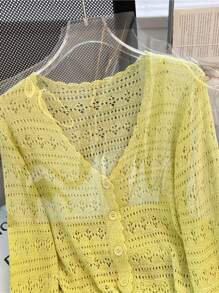 1pc Women's Shrug, Loose V-Neck Hollow Out Knitted Air-Conditioned Shirt, New Style Long Sleeve Sunscreen Cover Up Top Accessories Women