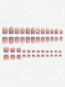 48入組手腳藍色法式玫瑰設計3D假指甲，濃郁甜美穿搭，適用於女性和女孩的日常穿搭 - 藍色 - 查看 2