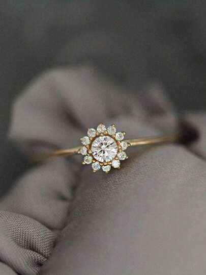 1pc S925 Sterling Silver Flower Ring With 18K Gold Plating And Exquisite Full Rhinestone Inlay, Romantic And Delicate Ring, Gift Valentines