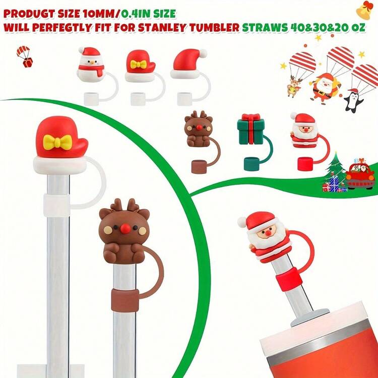 1/5pcs Christmas Series Cute Straw Covers, Reusable Dustproof Silicone Straw Plugs, Cup Decoration Accessories For 7-8 Mm Straw - Multicolor - View 3