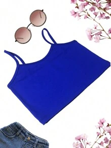 Strap Cropped Top Plain Basic Blouse - 寶藍色 - 查看 3