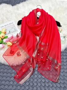 1条优雅秋冬女士仿丝围巾，蝴蝶刺绣，手工串珠，时尚轻薄保暖披肩配饰 - 釘蝴蝶珍珠長絲巾 - 查看 26