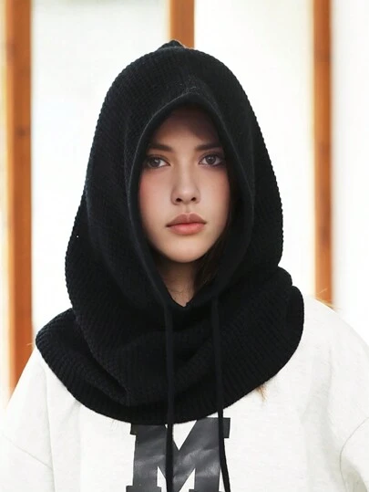 Soft Thick Knitted Balaclava Hat With Hooded Scarf, Warm Neck Warmer And Ear Protection Cap, Elastic Windproof Face Mask For Outdoor Activities, Autumn And Winter