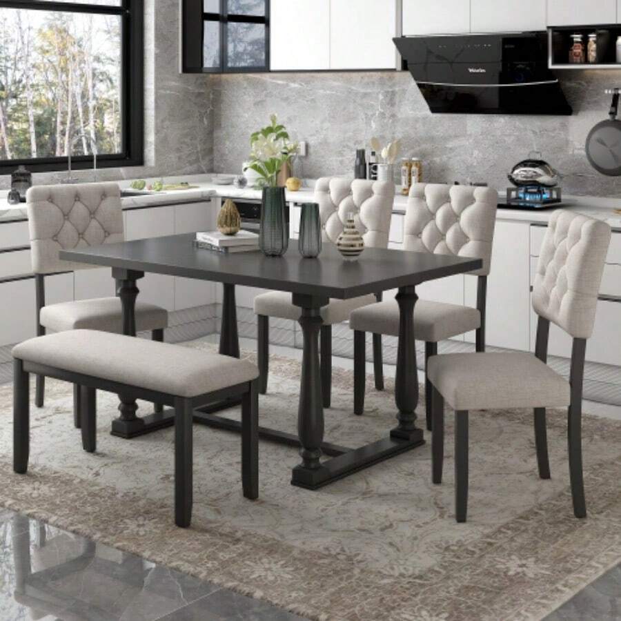 TREXM 6-Piece Dining Table And Chair Set With Special-Shaped Legs And Foam-Covered- Seat Backs&Cushions For Dining Room (Gary) - 如圖所示 - 查看 1