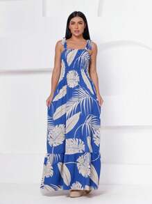 Long Lastex Dress With Printed Strap - Blue - View 3