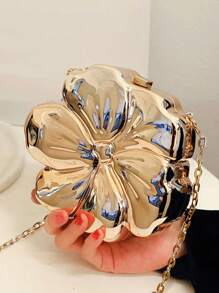 Luxury Shiny ABS Material Flower Shaped Mini Clutch Handbag Buckle Metal Bead Chain Shoulder Bag Women Party Charming Gift, Suitable For Dating, Shopping, Going Out, Commuting, Daily Matching, Fashion Niche Design, Women Bag