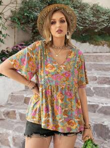 Rusttydustty ملابس علوية للسيدات ذات حجم كبير طراز بوهيمي مطبوعة بالأزهار وياقة على شكل حرف V وأكمام قصيرة, مناسبة للبحر والنزهات والمهرجانات الصيفية