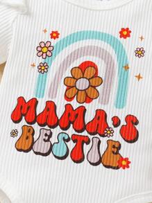3pcs Baby Girls' Elegant Sweet Letter, Rainbow & Floral Print Ruffle Bodysuit, Shorts And Headband Set For Casual, Daily Wear, Vacation And Party