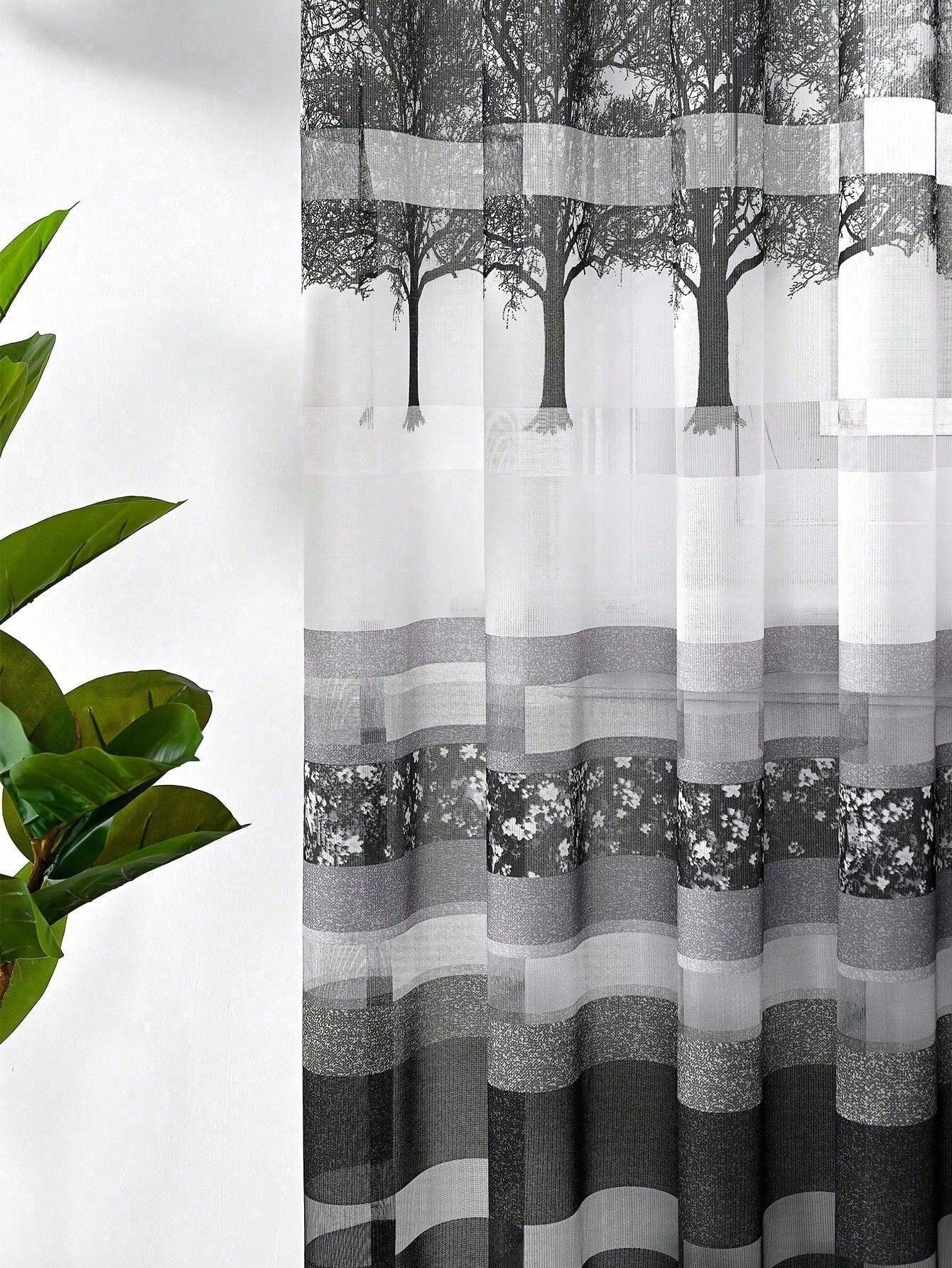 1pc Printed Plant Pattern Window Sheer For Living Room, Bedroom, And