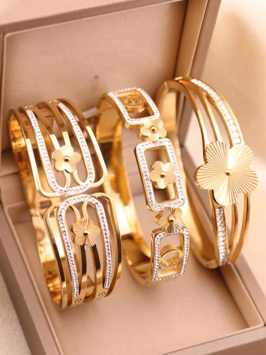 Um novo bracelete de aço inoxidável dourado com cinco folhas da moda para mulheres, para uso diário e presente de aniversário - Ouro amarelo - Visão 1