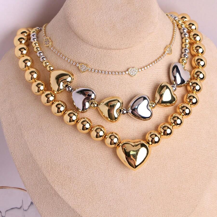 1 件大圆球珠心形吊坠项链女式金色银色心形珠子颈链项链珠宝礼物情人节 - 愛心 - 查看 1