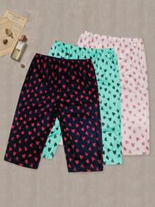 3pcs Women's Casual Sleep Pants, Plus Size Heart Print Bow Elastic Waist Loose Pajama Capri Pants