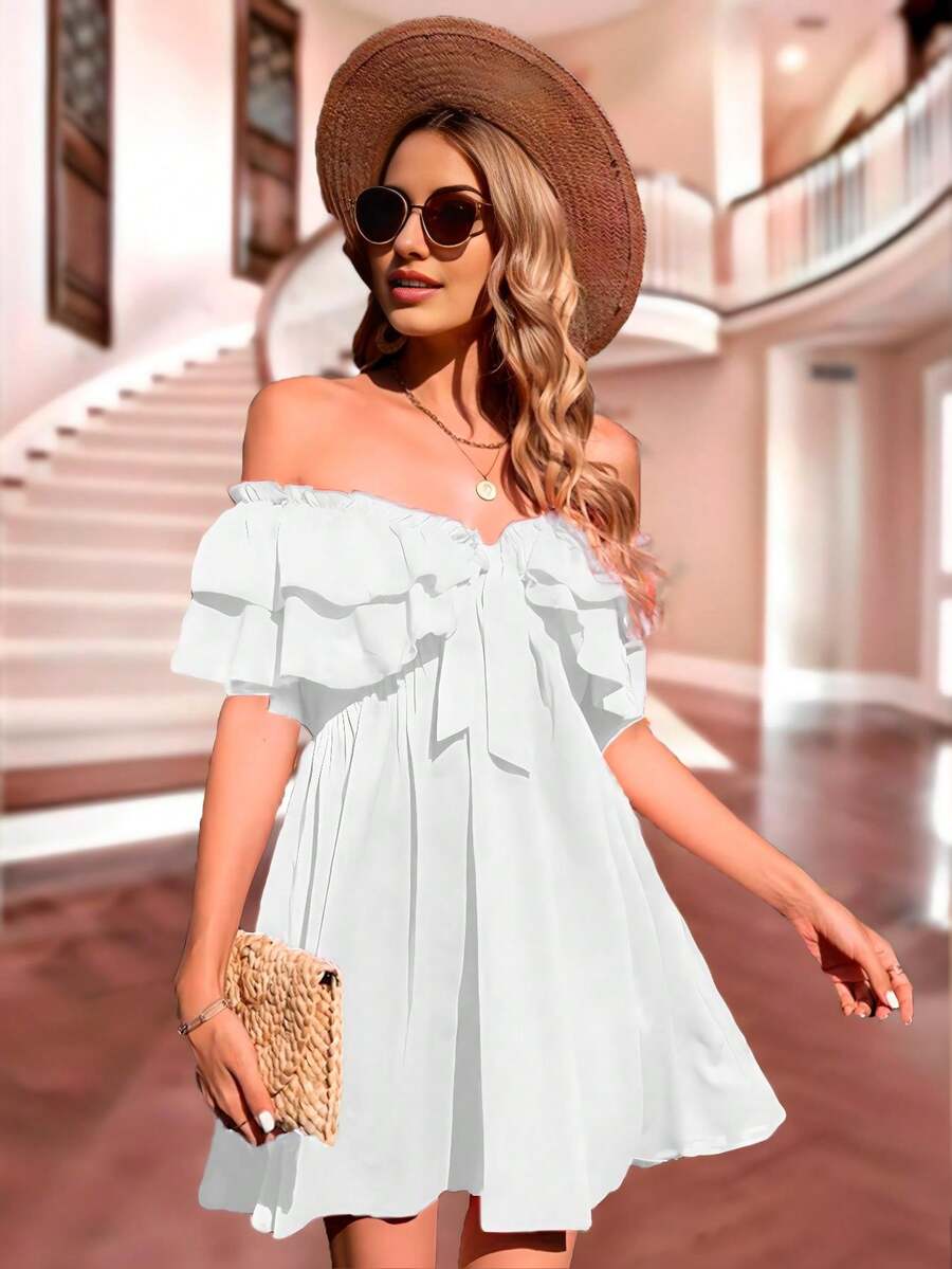 Vestido sexy con holanes campesino corto para mujer - Blanco - Ver 1