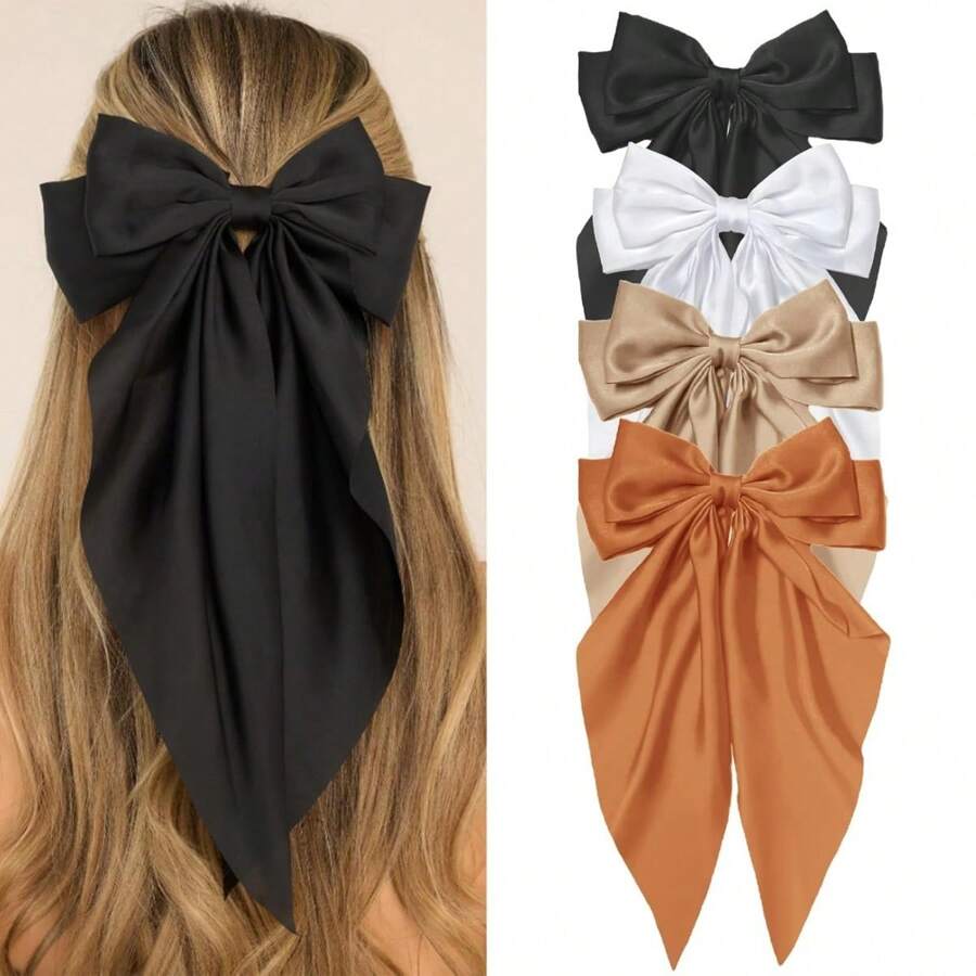 4pcs Hair Bows For Women Clips Big Women's Hair Bow Ribbon, Long Silky Satin Ribbon Bows For Hair Oversized, Hair Bow Barrettes Hair Accessories For Women Girls Aesthetic, School Valentine's Day Claw Clips - Multicolor - View 1