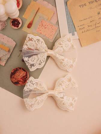 2pcs Elegant White Lace Bow Hair Clip, Perfect For Ladies' Daily Hairstyling Valentine's Day Valentines Claw Clips Hair Claws Hair Barrettes, School Stuff, College, Winter Outfit For Women, Bows, Cute, Hair Accessories
