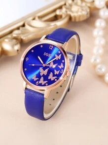 SOKI SOKI 1 Set Zirconium Oxide Blue Butterfly Necklace, Sparkling Cubic Zirconia Embedded Butterfly Pendant Necklace And Earrings, Ring, Simple Design Set And Fashion, Casual Butterfly Dial, Round Case, Pu Strap Quartz Women's Watch Perfect For Everyday Wear, Birthday Gifts, Parties, Holiday Gatherings, And As The Ideal Gift For Yourself Or Friends Boxes Not Included