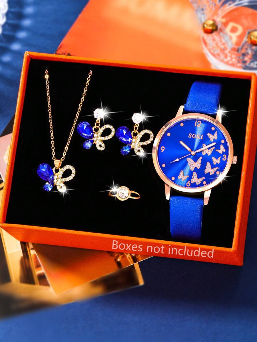 SOKI SOKI 1 Set Zirconium Oxide Blue Butterfly Necklace, Sparkling Cubic Zirconia Embedded Butterfly Pendant Necklace And Earrings, Ring, Simple Design Set And Fashion, Casual Butterfly Dial, Round Case, Pu Strap Quartz Women's Watch Perfect For Everyday Wear, Birthday Gifts, Parties, Holiday Gatherings, And As The Ideal Gift For Yourself Or Friends Boxes Not Included