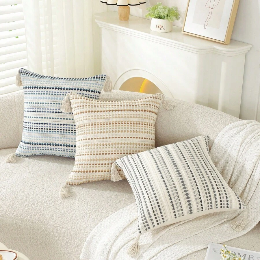 1 pieza Funda de cojín de estilo bohemio con borlas, adecuada para cama o cojín neutro de granja para decoración del hogar en el dormitorio o sofá de la sala de estar - Multicolor - Ver 1