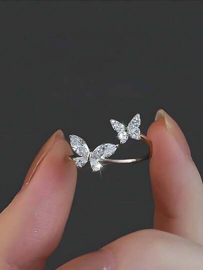 1pc Glamorous Cubic Zirconia Butterfly Decor Silver Cuff Ring For Women For Daily Decoration Wedding Engagement Bridal Jewelry.