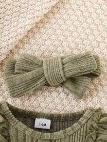 Baby Girl's Green Ribbed Frill Edged Long Sleeve Bodysuit With Socks, Fall/Winter - Army Green - View 3