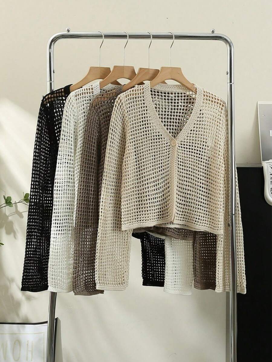 1 chiếc áo khoác cardigan dài tay mỏng nhẹ màu đen, trắng và be, kiểu dáng rộng rãi, thích hợp cho nữ, đi biển, đi nghỉ mát. - Nhiều màu - Xem 1