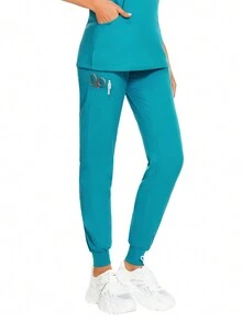 Women's Solid Color Zipper Half-Placket Round Neck Short Sleeve Top And Pants Casual Uniform Scrub Set