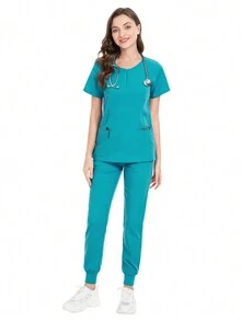 Women's Solid Color Zipper Half-Placket Round Neck Short Sleeve Top And Pants Casual Uniform Scrub Set