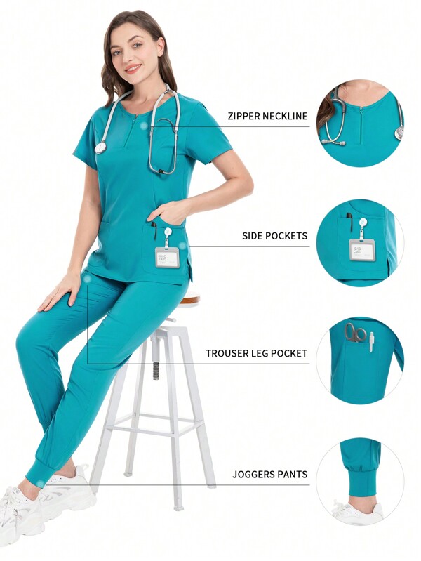 Women's Solid Color Zipper Half-Placket Round Neck Short Sleeve Top And Pants Casual Uniform Scrub Set